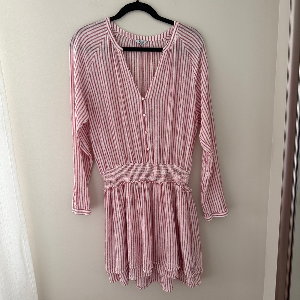 Rails Jasmine Belmont Stripe‎ Dress Red White Linen Blend Smocked Waist XL
